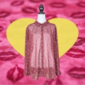 ModCloth Burgundy Pink Kiss Lip Print Sheer Button Down Long Sleeve Top 3X
